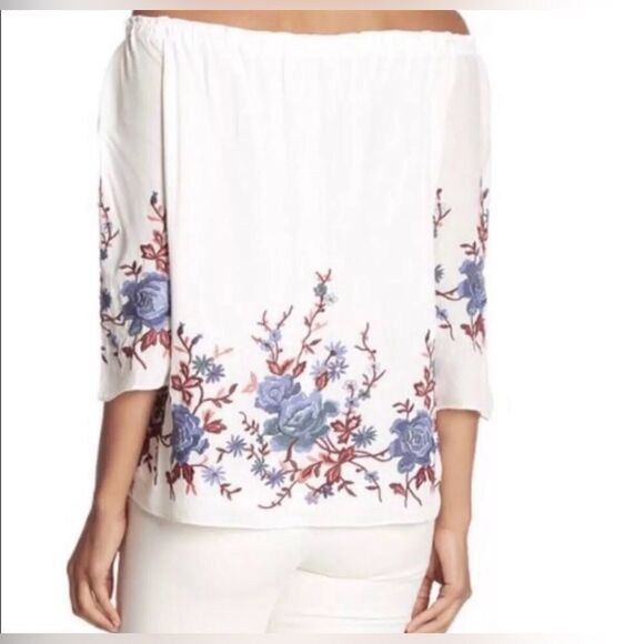 Drew Off the Shoulder Floral Pink and Blue Embroidered Top Ivory White S - Picture 3 of 13